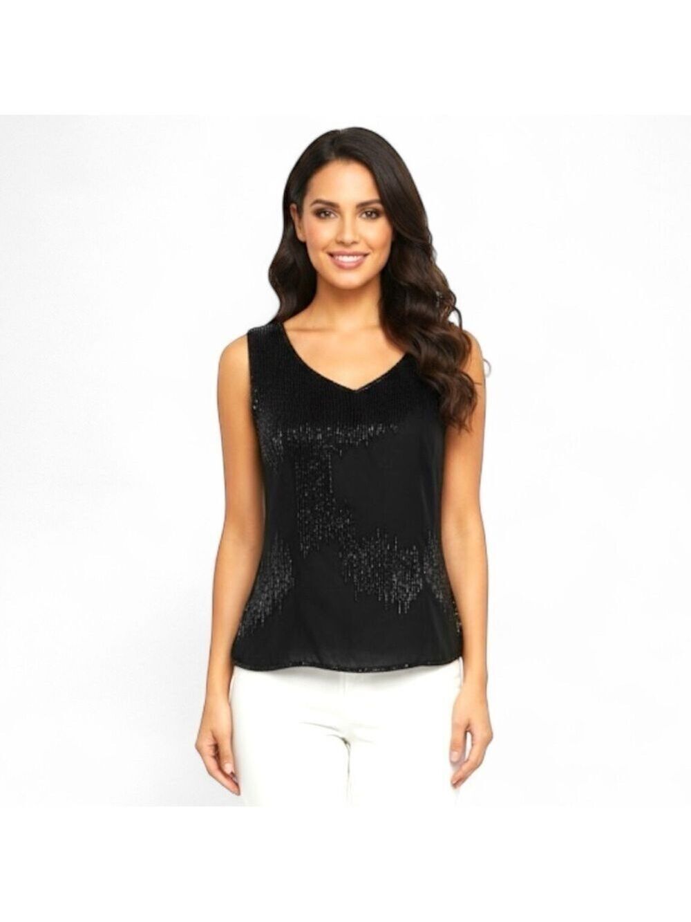Mark & John by Gopal Black Beaded Sleeveless Blouse Large